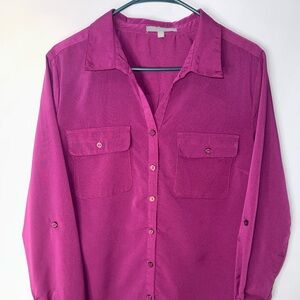 Nu Collection Women`s Long Sleeve Pink V-Neck Collared Button Up Blouse Size-L